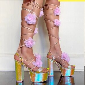 Iridescent Platform Sandals with Pink Floral Accents